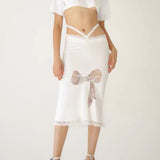 Boogzel Apparel Satin Coquette Bow Lace Midi Skirt, view 5