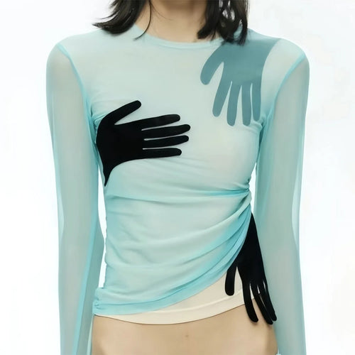 Boogzel Apparel Sheer Hand Print Long Sleeve Top