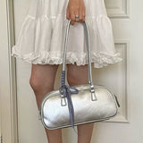 Boogzel Apparel Silver Shoulder Bag with Gingham Bow, view 4