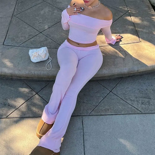 Boogzel Apparel Soft Girl Bardot Top & Flare Pants Co-Ord