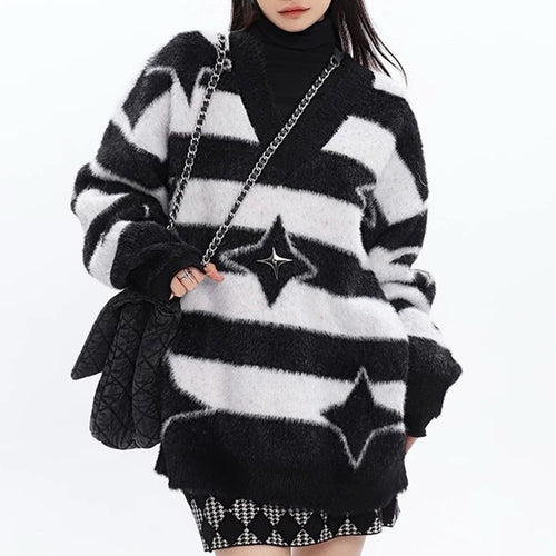 Boogzel Apparel Star Girl Fuzzy Striped Sweater