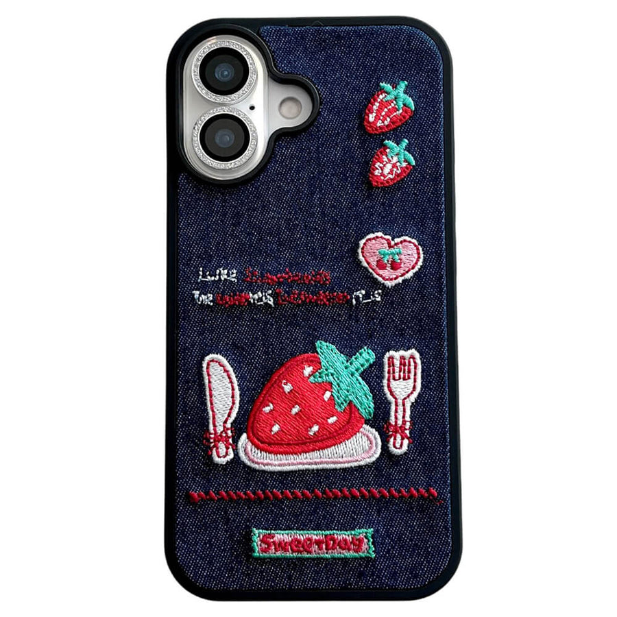 Boogzel Apparel Strawberry Embroidery Denim iPhone Case