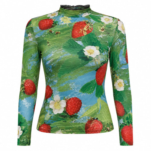 Boogzel Apparel Strawberry Print Mesh Long Sleeve Top