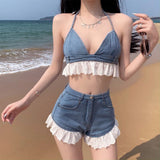 Boogzel Apparel Sweet Ruffle Top & Denim Shorts Co-Ord, view 2