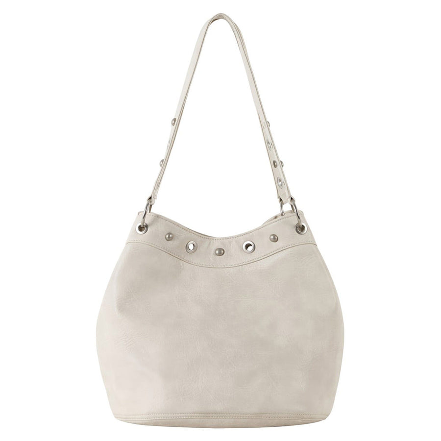 Boogzel Apparel Too Busy Grommet Stud Beige Shoulder Bag