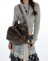 Boogzel Apparel Too Busy Grommet Stud Brown Shoulder Bag, view 2