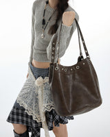 Boogzel Apparel Too Busy Grommet Stud Brown Shoulder Bag, view 4