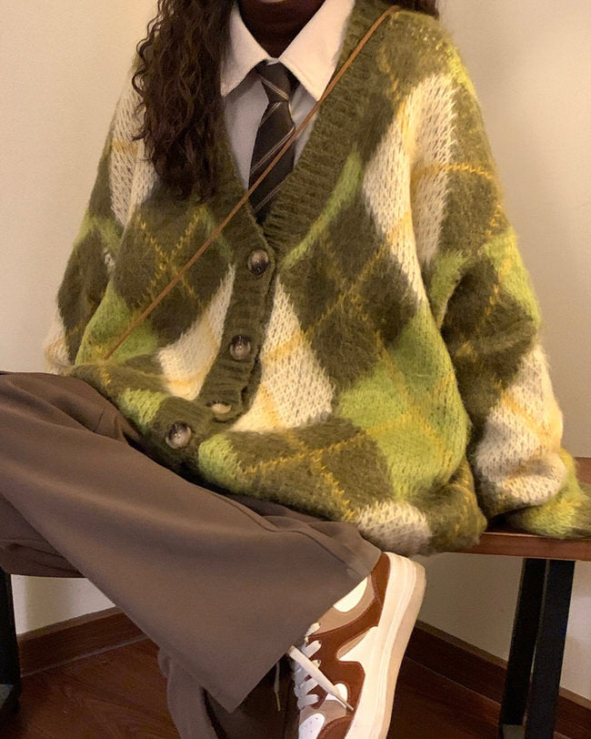Boogzel Apparel Warm Vibes Green Argyle Cardigan Sweater