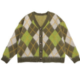 Boogzel Apparel Warm Vibes Green Argyle Cardigan Sweater, view 2