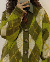 Boogzel Apparel Warm Vibes Green Argyle Cardigan Sweater, view 3