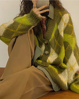 Boogzel Apparel Warm Vibes Green Argyle Cardigan Sweater, view 4
