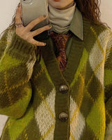 Boogzel Apparel Warm Vibes Green Argyle Cardigan Sweater, view 5