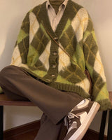 Boogzel Apparel Warm Vibes Green Argyle Cardigan Sweater, view 6