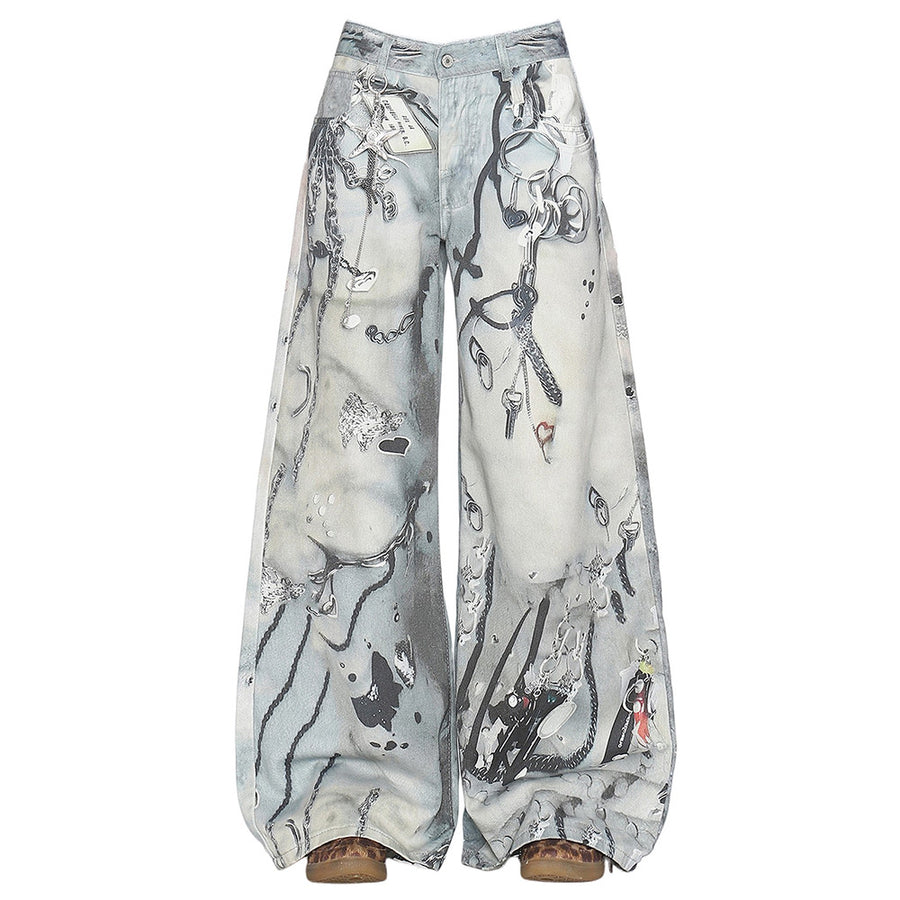 Boogzel Apparel Washed Blue Chain Print Jeans