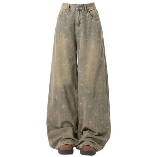 Boogzel Apparel Washed Cross Print Wide Leg Jeans