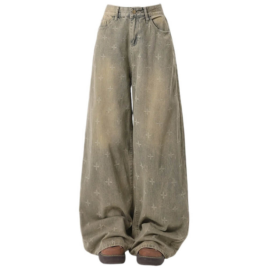 Boogzel Apparel Washed Cross Print Wide Leg Jeans