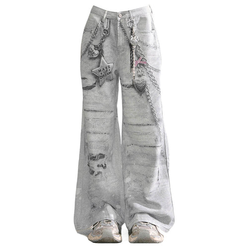 Boogzel Apparel Washed Grey Y2K Chain Print Jeans