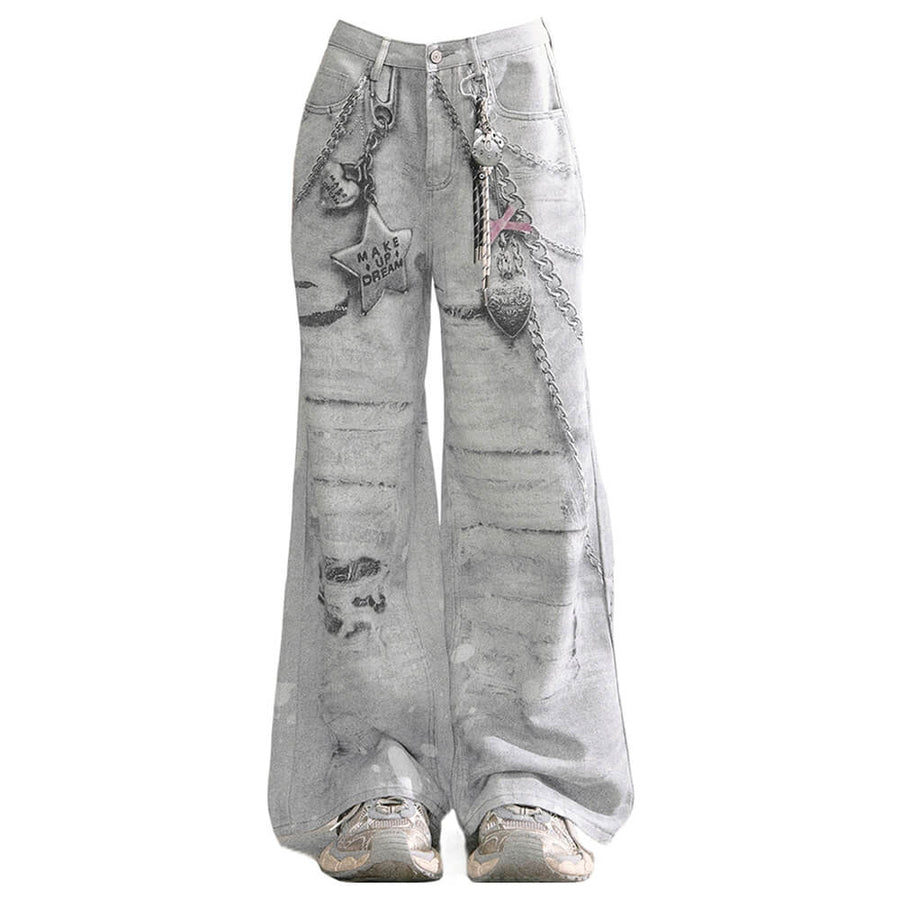 Boogzel Apparel Washed Grey Y2K Chain Print Jeans