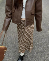 Boogzel Apparel Worry Less Brown Plaid Midi Skirt, view 3