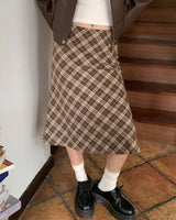 Boogzel Apparel Worry Less Brown Plaid Midi Skirt, view 4