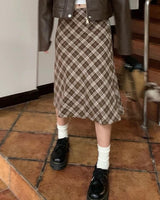 Boogzel Apparel Worry Less Brown Plaid Midi Skirt, view 5