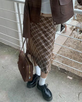 Boogzel Apparel Worry Less Brown Plaid Midi Skirt, view 6