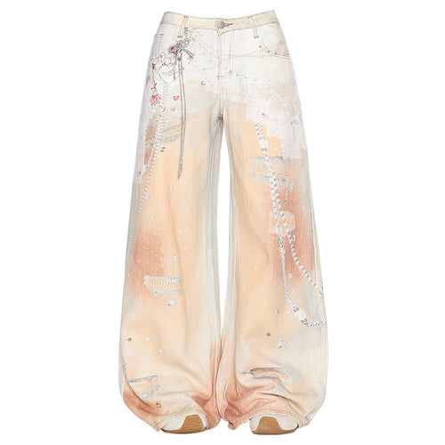 Boogzel Apparel Y2K Chain Print Wide Leg Jeans in Peach
