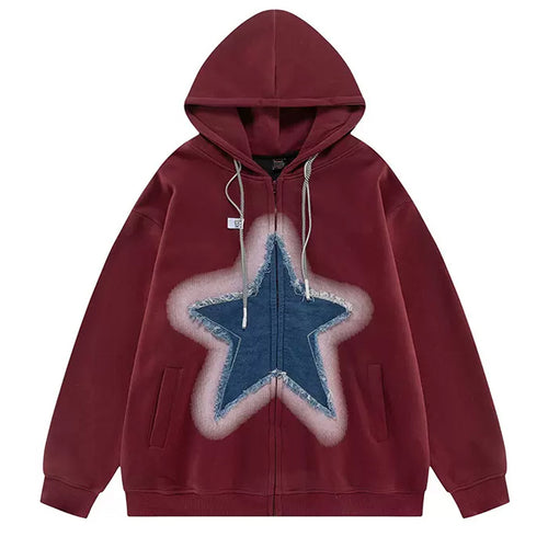 Boogzel Apparel Y2K Denim Star Zip Up Hoodie