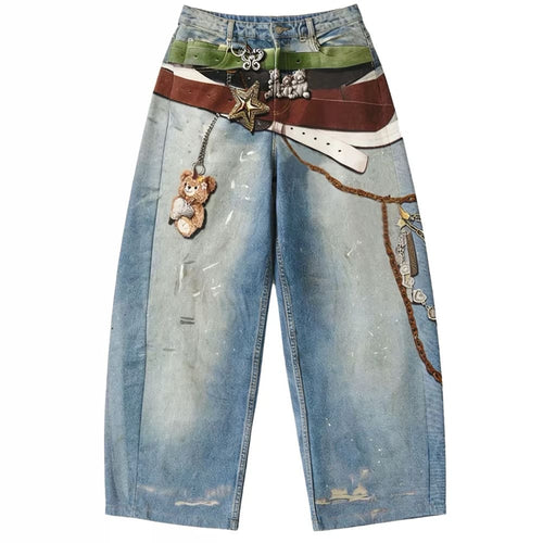Boogzel Apparel Y2K Multi Belt Teddy Denim Pants