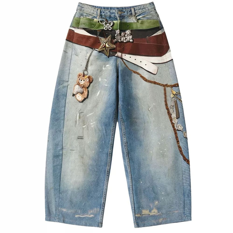 Boogzel Apparel Y2K Multi Belt Teddy Denim Pants