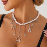 Boogzel Apparel Y2K Pearl Necklace with Star Charms, view 2