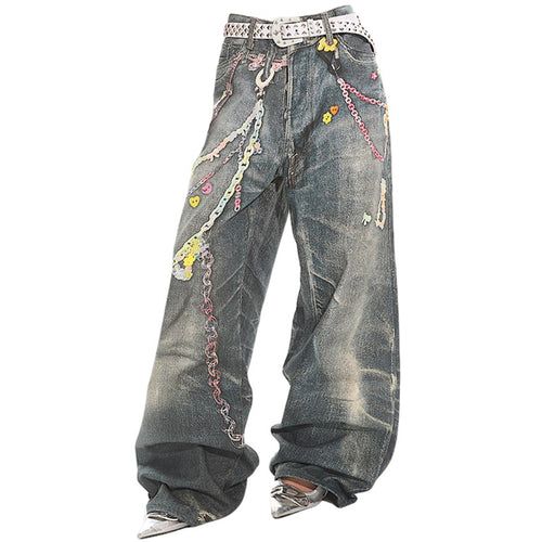 Boogzel Apparel Y2K Printed Chain & Charm Baggy Jeans