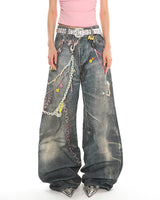 Boogzel Apparel Y2K Printed Chain & Charm Baggy Jeans, view 2