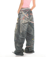 Boogzel Apparel Y2K Printed Chain & Charm Baggy Jeans, view 5