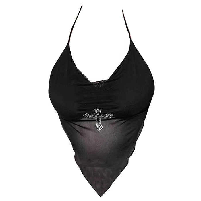Boogzel Apparel Y2K Rhinestone Cross Scarf Top