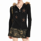 Boogzel Apparel Y2K Star Fur Trim Zip Hoodie, view 3