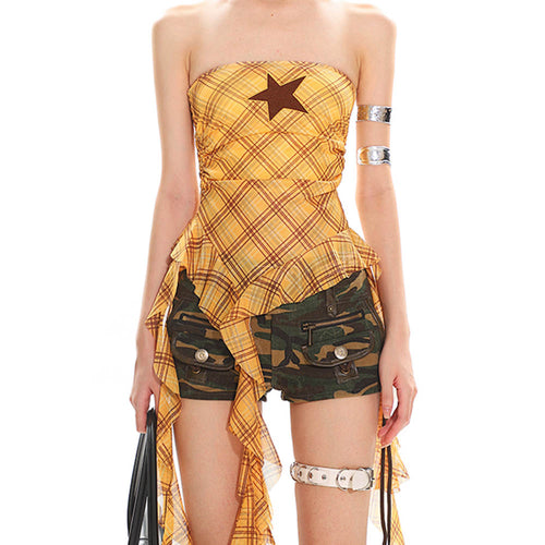 Boogzel Apparel Y2K Star Plaid Asymmetric Tube Top