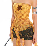 Boogzel Apparel Y2K Star Plaid Asymmetric Tube Top, view 3