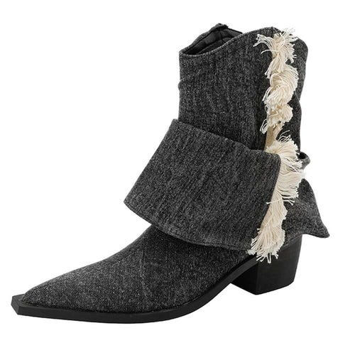 Boogzel Apparel Y2K Style Distressed Black Denim Boots