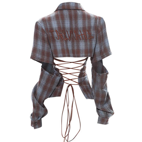 Boogzel Apparel Y2K Western Lace-Up Backless Plaid Shirt