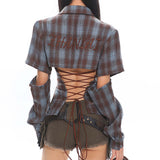 Boogzel Apparel Y2K Western Lace-Up Backless Plaid Shirt, view 5