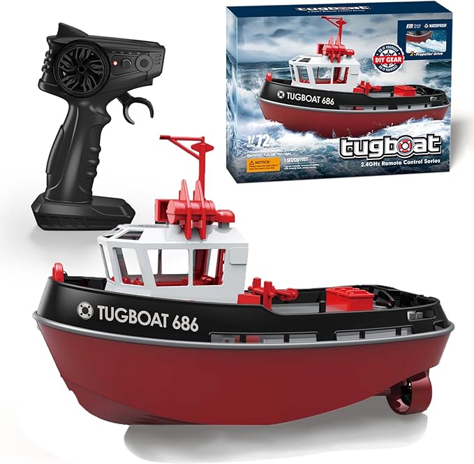 Buddy RC RC Boat, 1/72 RC Tugboat for Pools and Lakes, 2.4Ghz High-Speed Remote Control Boat with LED Lights and Low Battery Alarm