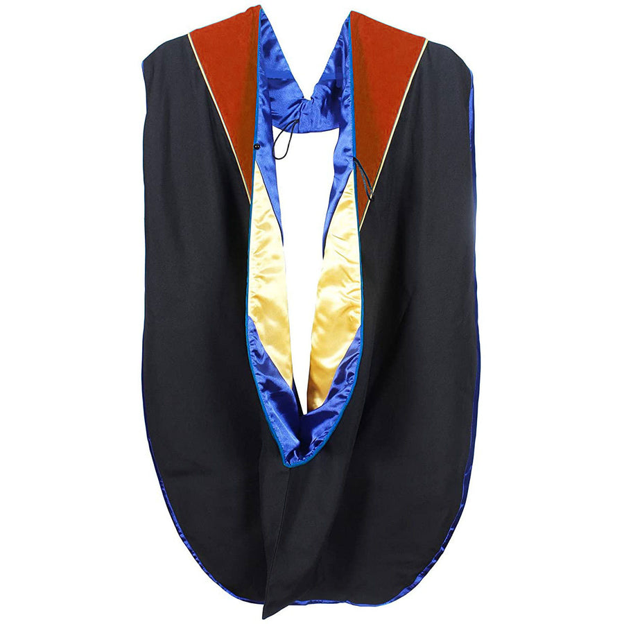 Cap and Gown Direct Doctoral Hood - Scarlet Velvet - Royal Blue Lining - Gold Chevron - Gold Piping