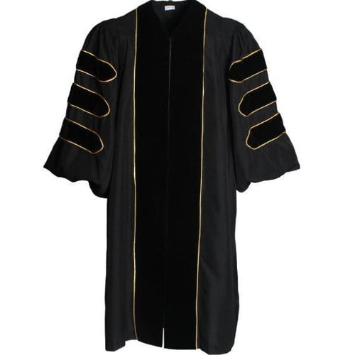 Cap and Gown Direct Deluxe Black Doctoral Gown with Gold Piping (Clearance)