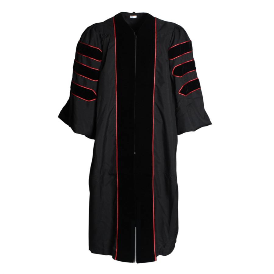 Cap and Gown Direct Black Deluxe Doctoral Gown with Red Piping- Academic Regalia
