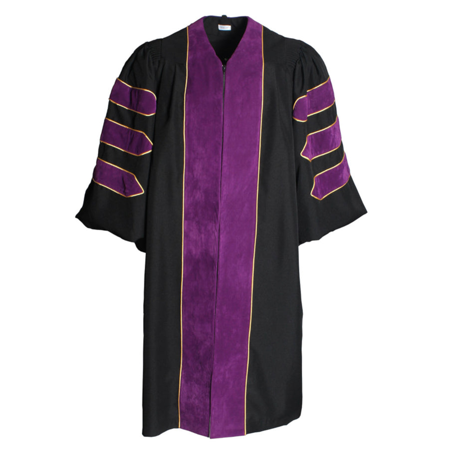 Cap and Gown Direct Deluxe Purple Doctoral Gown with Gold Piping (Clearance)