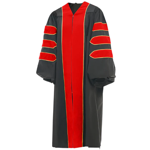 Cap and Gown Direct Red Deluxe Doctoral Gown with Gold Piping- Academic Regalia