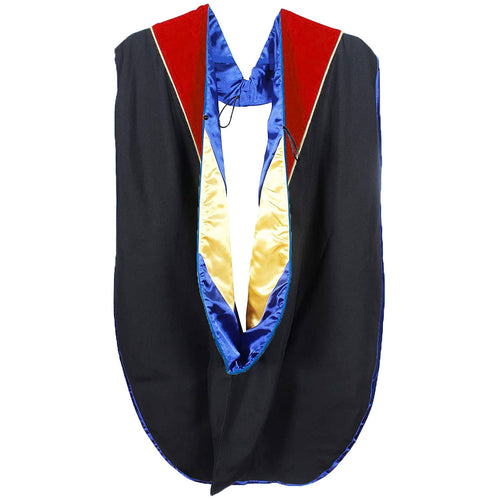 Cap and Gown Direct Doctoral Hood - Red Velvet - Royal Blue Lining - Gold Chevron - Gold Piping