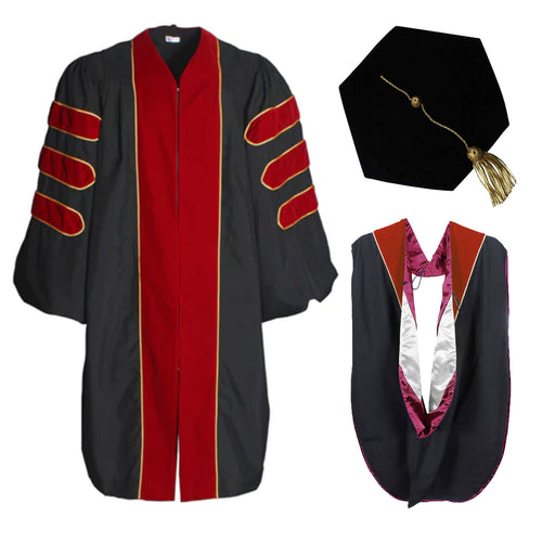 Cap and Gown Direct KUI Deluxe Doctoral Regalia Set – Scarlet Gown with Gold Piping, Hood & 8-Sided Velvet Tam