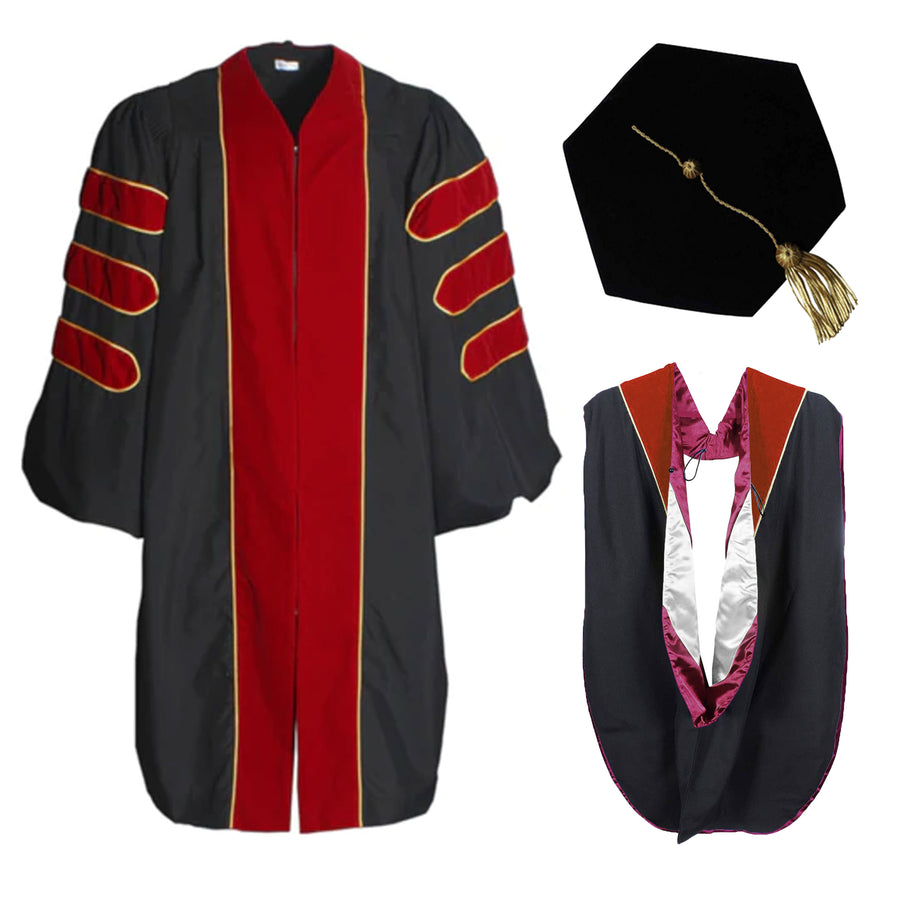 Cap and Gown Direct KUI Deluxe Doctoral Regalia Set – Scarlet Gown with Gold Piping, Hood & 8-Sided Velvet Tam
